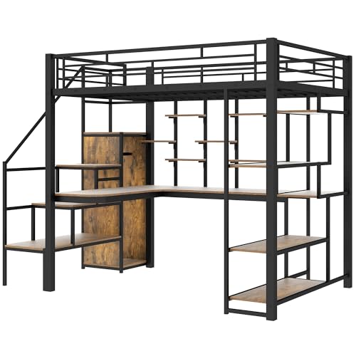 Full Size Loft Bed with Desk & Stairs, Heavy Duty Metal, Black E948