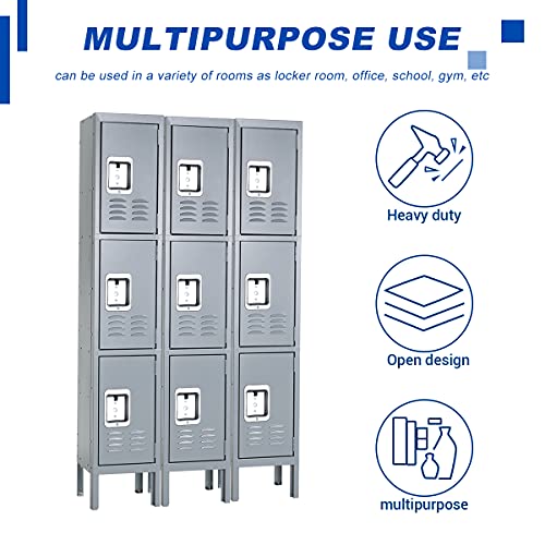 Bonusall Metal Locker 3-Tier Steel Storage Cabinet, 3 Doors Grey H746