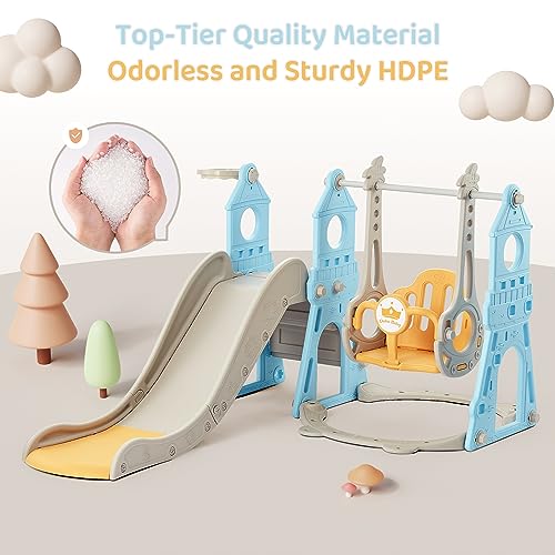 4-in-1 Toddler Slide and Swing Set with Basketball Hoop & Climber, Indoor/Outdoor Playset - Blue & Yellow J14810