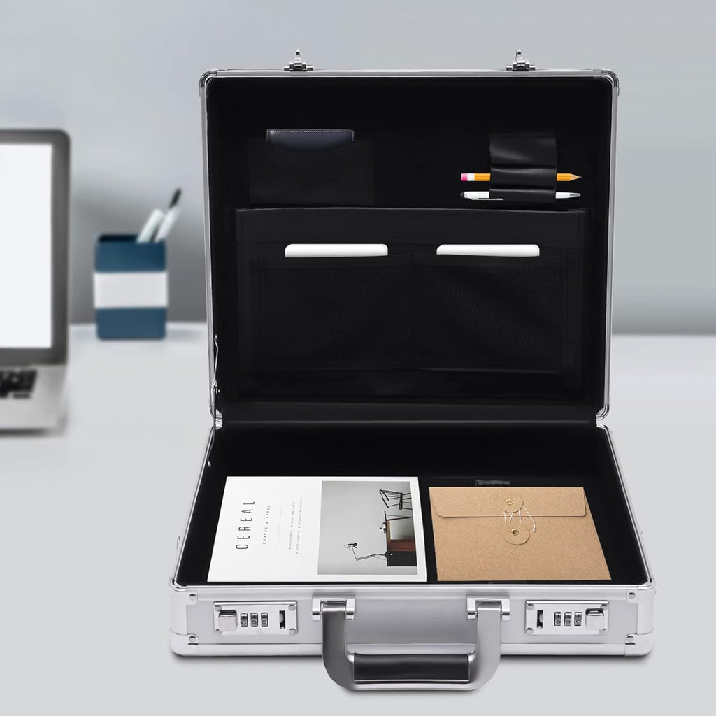 Aluminum Attache Case with Combination Lock, 15 x 13 x 4.3 Inch, Silver W584698