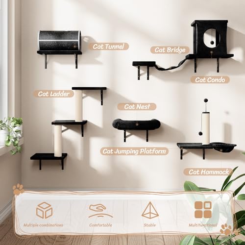 NUNU LAB Wall Mounted Cat Climber Set with House, Tunnel, Scratcher, Black M305