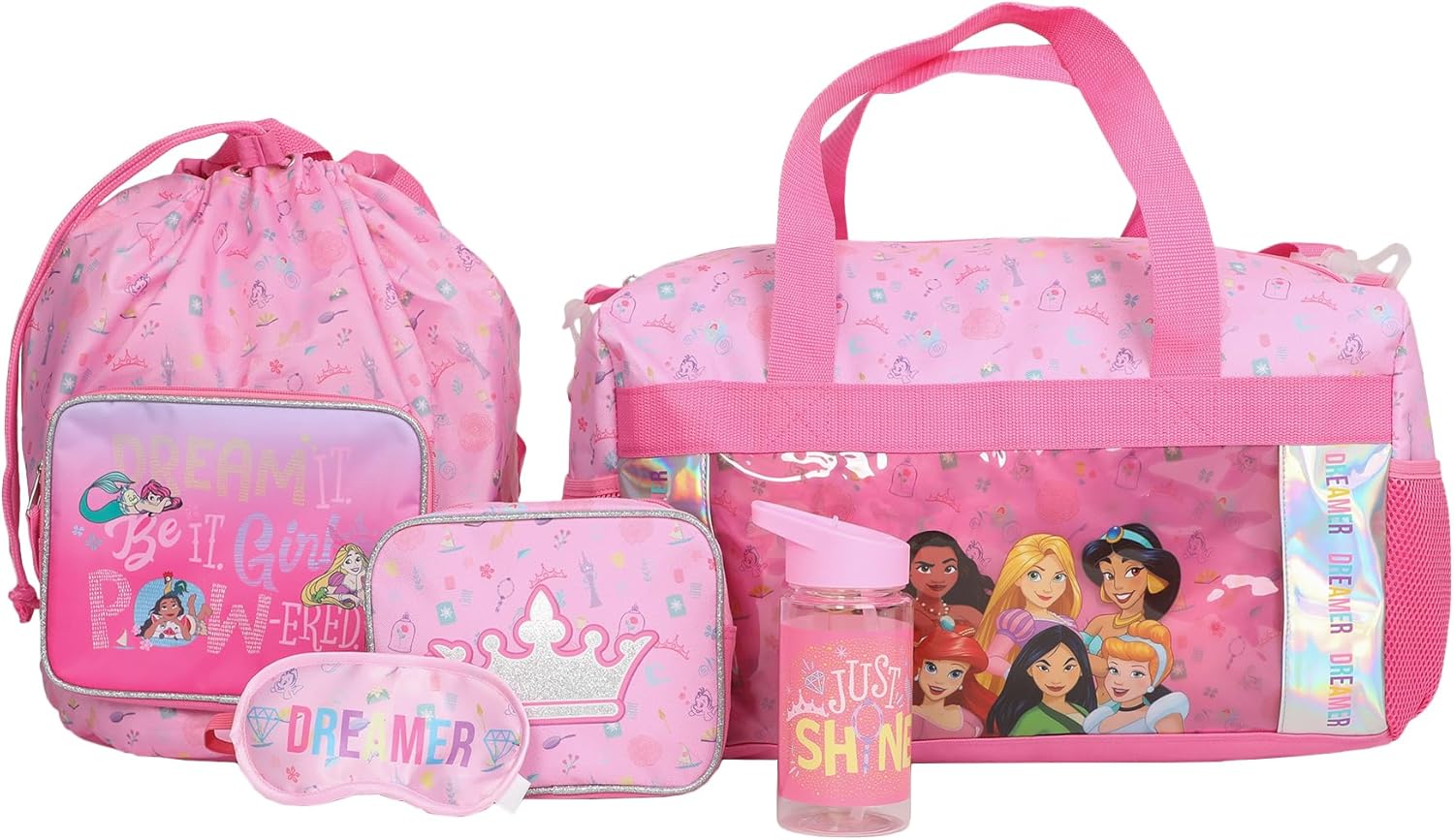 Bioworld Disney Princesses 5-Piece Pink Youth Kids Girls Duffle Bag Set