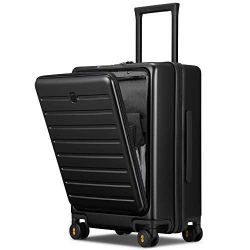 LEVEL8 Carry On Luggage with Compartment, 20 Inch Lightweight Hard Shell Rolling Suitcase with Wheels Airline Approved, Checked Luggage with Front Pocket, Double Tsa Locks - Black