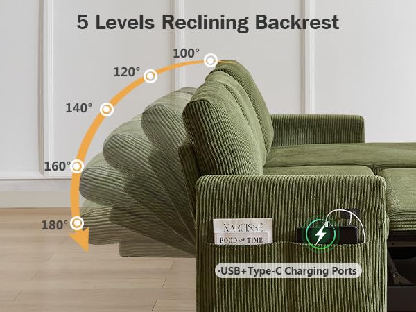 81" L Shaped Sleeper Sofa Bed with Pull Out Bed, Corduroy Green V7995