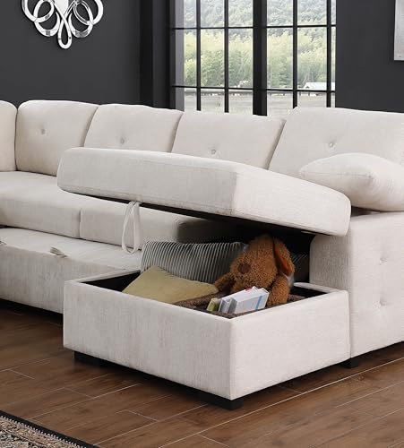 L-Shaped Pull Out Sleep Sofabed with Storage Chaise, Chenille Upholstered X30892