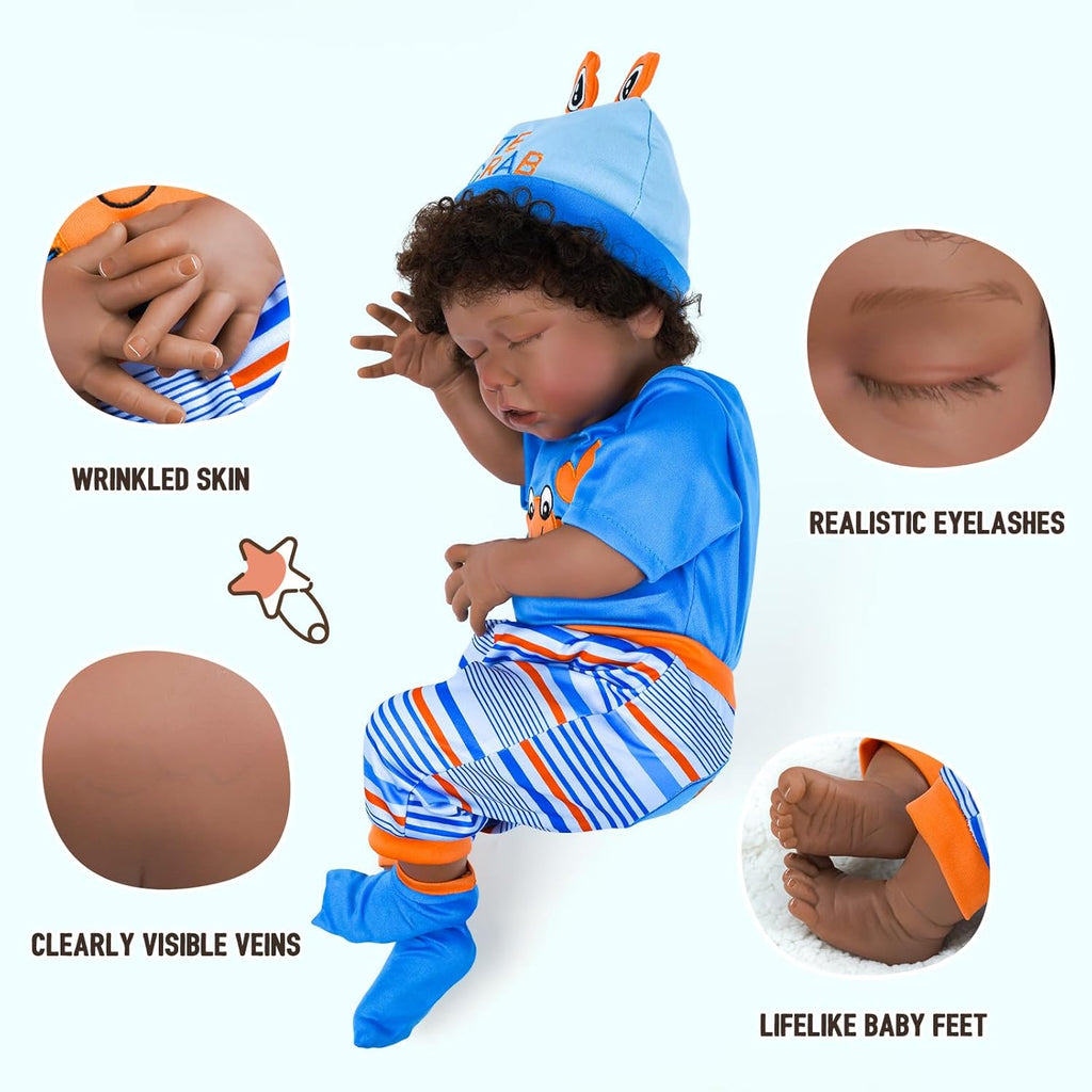 BABESIDE Lifelike Reborn Black Girl 18-Inch Realistic Baby Doll with Clothes and Toy J9717