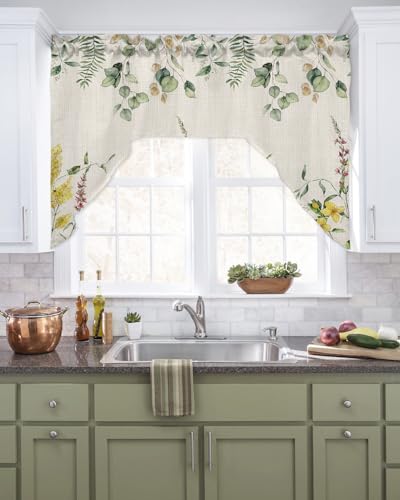 3 Piece Swag Window Curtains Set with Floral Cafe Valance and Tiers N20036