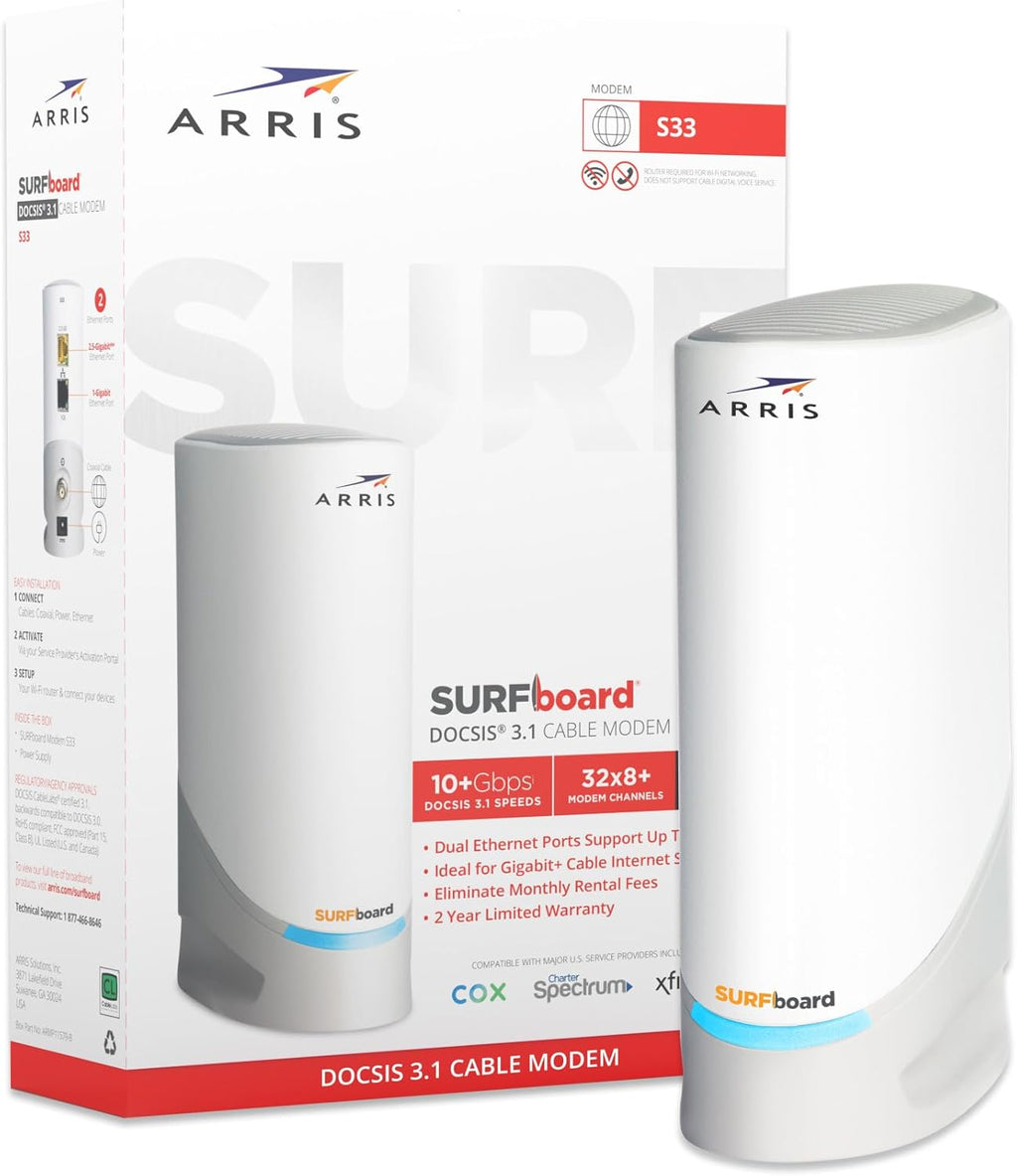 ARRIS S33 DOCSIS 3.1 Cable Modem, 2.5 Gbps, White H478