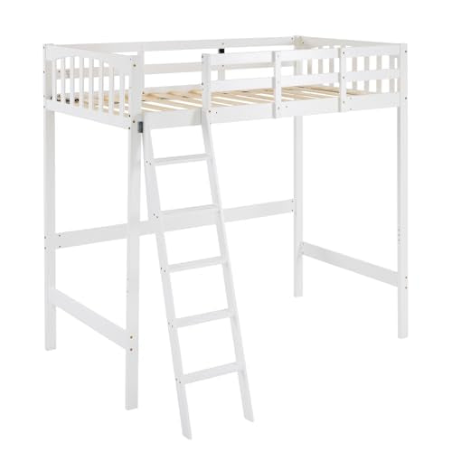 VINGLI Twin Loft Bed with L-Shaped Desk, 3 Storage Drawers, Solid Wood, White W24917