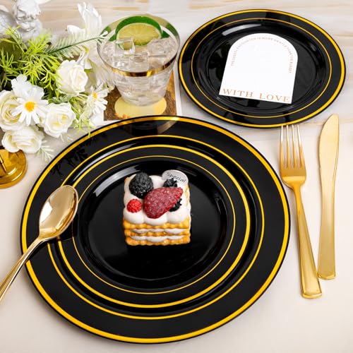 bUCLA 300PCS Gold Disposable Dinnerware Set - White and Gold Plastic Plates for Party S185