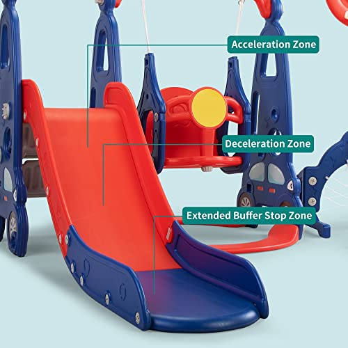 5 in 1 Toddler Slide and Swing Set for Kids Age 1-8, Indoor Outdoor Playset with Basketball Hoop O9645
