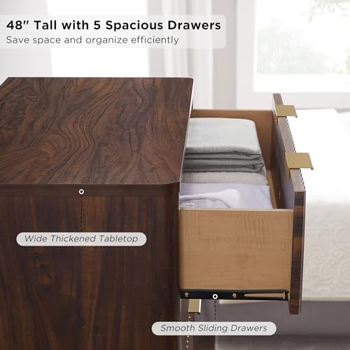 T4TREAM 5 Drawer Dresser with Faux Marble Top, Dark Grey T583