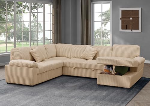 L-Shaped Pull Out Sleep Sofabed with Storage Chaise, Chenille Upholstered X30892