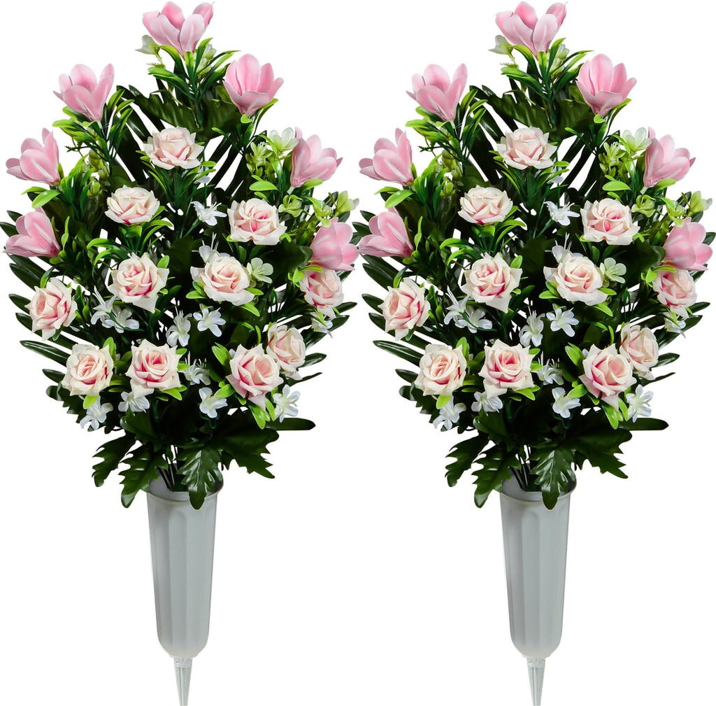 XONOR Artificial Cemetery Flowers, Memorial Flowers Grave Decorations, Artificial Rose Magnolia Flowers Bouquet with Cemetery Vase for Outdoor Graveyard Decor, 2 Sets
