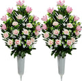 XONOR Artificial Cemetery Flowers, Memorial Flowers Grave Decorations, Artificial Rose Magnolia Flowers Bouquet with Cemetery Vase for Outdoor Graveyard Decor, 2 Sets
