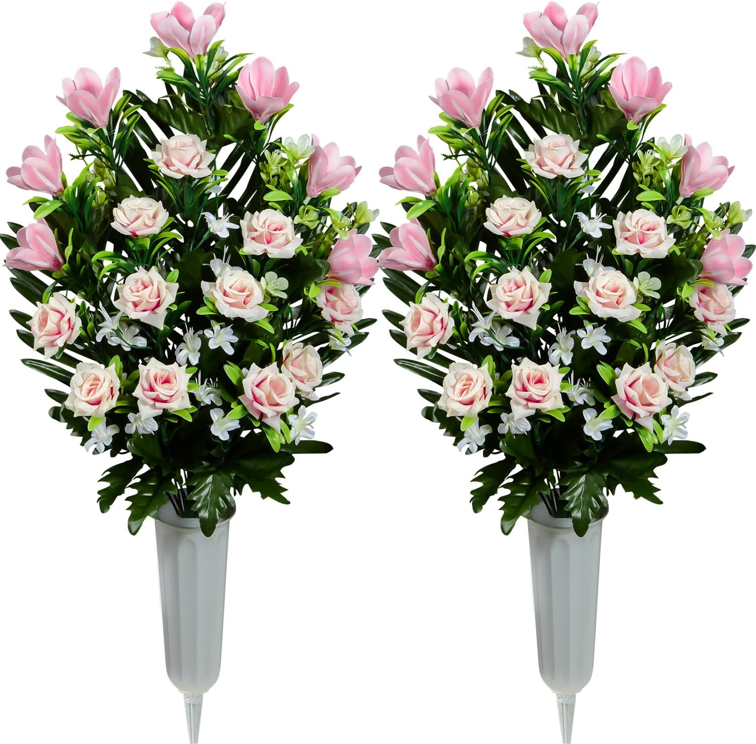 XONOR Artificial Cemetery Flowers, Memorial Flowers Grave Decorations, Artificial Rose Magnolia Flowers Bouquet with Cemetery Vase for Outdoor Graveyard Decor, 2 Sets