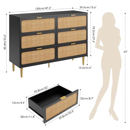 Rattan 5 Drawer Tall Dresser for Bedroom, Black V99880
