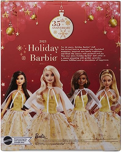 Barbie Signature 2023 Holiday Doll, Black Hair Golden Gown, Collectible with Stand & Certificate Y6212