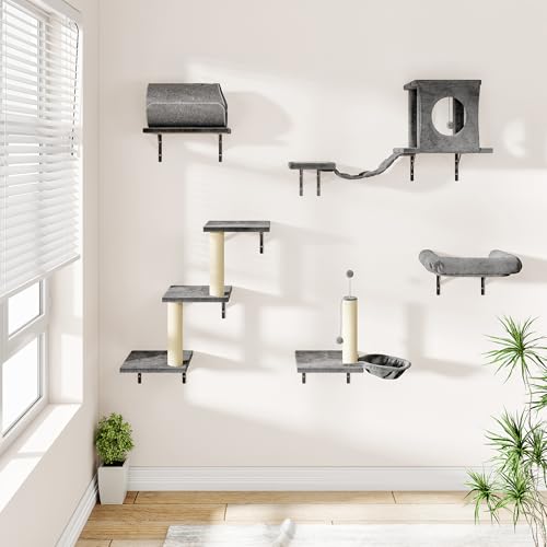 NUNU LAB Wall Mounted Cat Furniture Set 7 Pcs with Scratching Post - Light Gray P6315