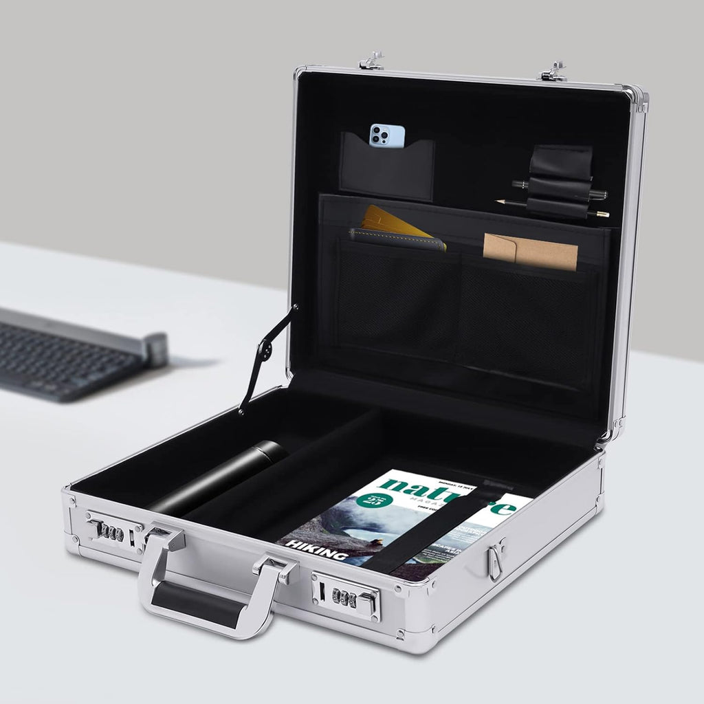 Aluminum Attache Case with Combination Lock, 15 x 13 x 4.3 Inch, Silver W584698