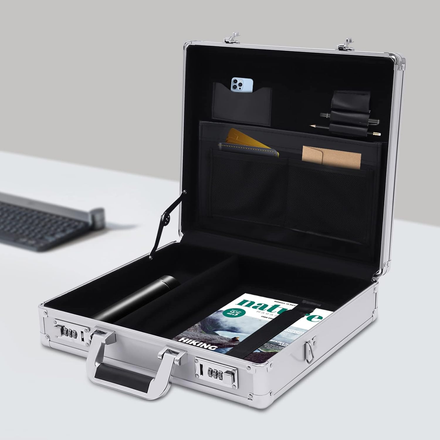 Aluminum Attache Case with Combination Lock, 15 x 13 x 4.3 Inch, Silver W584698