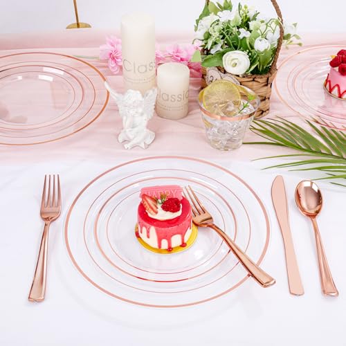 bUCLA 300PCS Gold Disposable Dinnerware Set - White and Gold Plastic Plates for Party S185