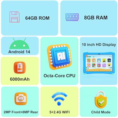 Kids Tablet 10 inch Android 14 with Parental Controls, 8+64GB Y7481