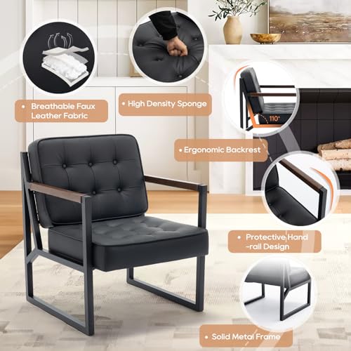COLAMY Mid Century Modern Accent Chair Set of 2, Faux Leather, Black S4169