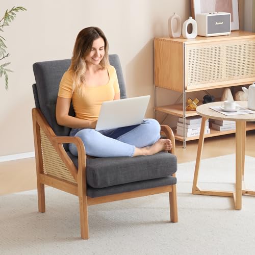 Karl home Modern Accent Chair with Rattan Woven Upholstered Lounge and Oak Wood Frame, White W3310