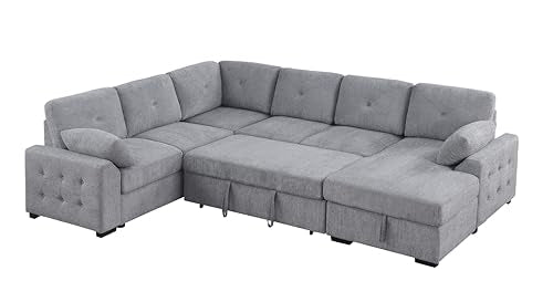 L-Shaped Pull Out Sleep Sofabed with Storage Chaise, Chenille Upholstered X30892