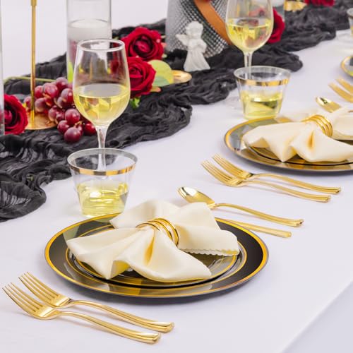 bUCLA 300PCS Gold Disposable Dinnerware Set - White and Gold Plastic Plates for Party S185