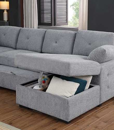 L-Shaped Pull Out Sleep Sofabed with Storage Chaise, Chenille Upholstered X30892
