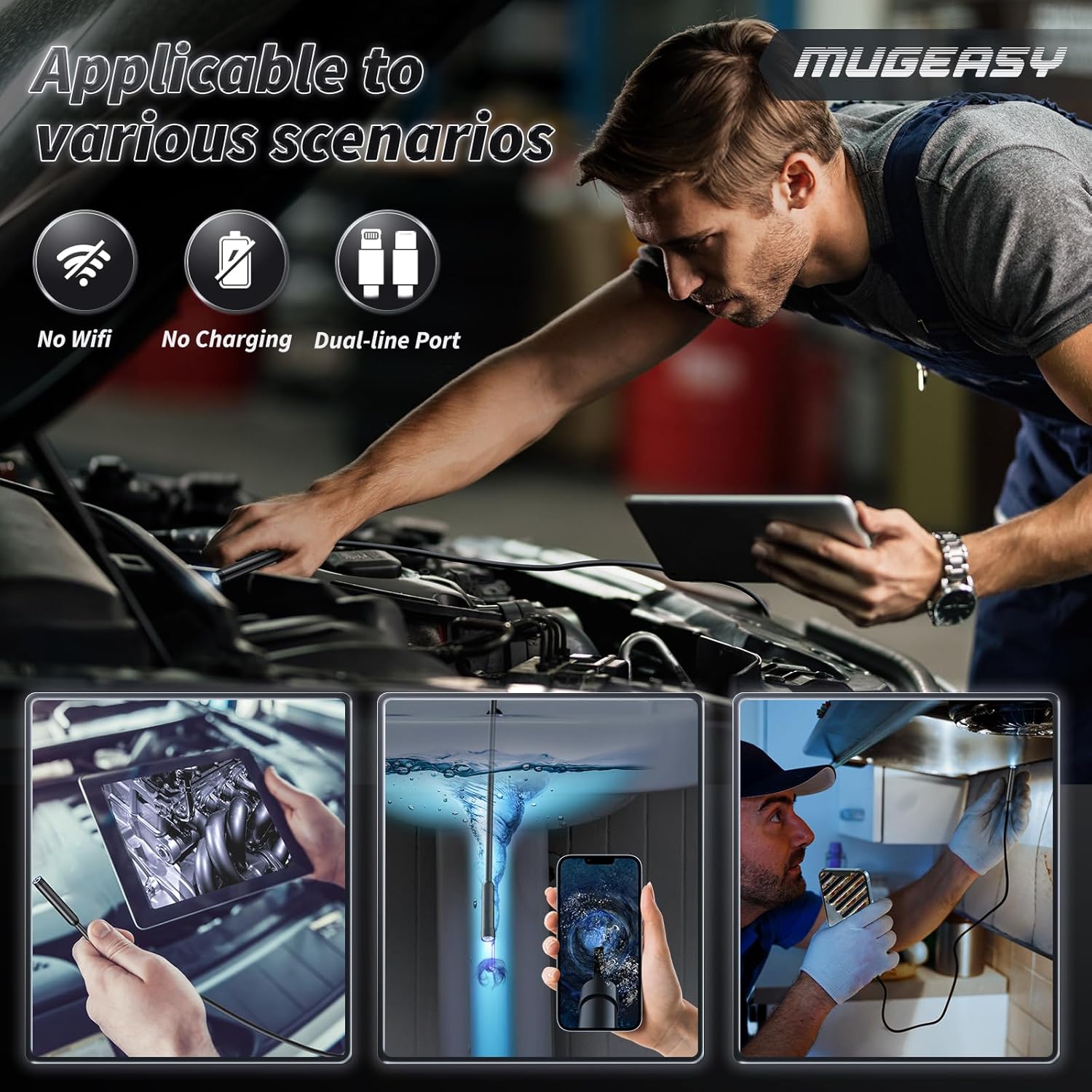 Endoscope Camera with Light - 1920P HD Borescope, 16.4FT Semi-Rigid Cord, IP67 Waterproof D167582