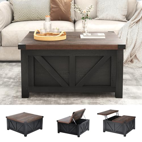 Farmhouse Lift Top Coffee Table with Storage and Charging Station, Brown J61149