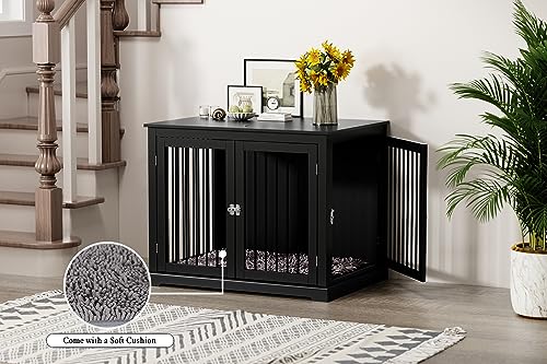 Large Dog Crate Furniture with Cushion, Flip Top, Black H57930