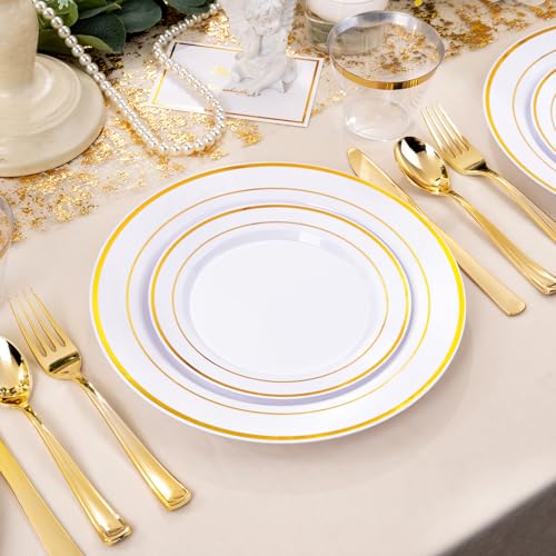 bUCLA 300PCS Gold Disposable Dinnerware Set - White and Gold Plastic Plates for Party S185