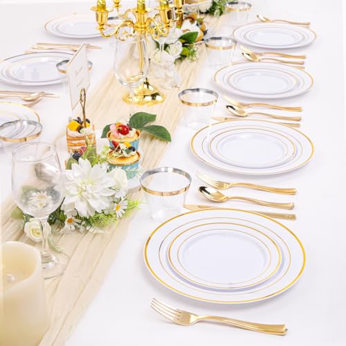 bUCLA 300PCS Gold Disposable Dinnerware Set - White and Gold Plastic Plates for Party S185
