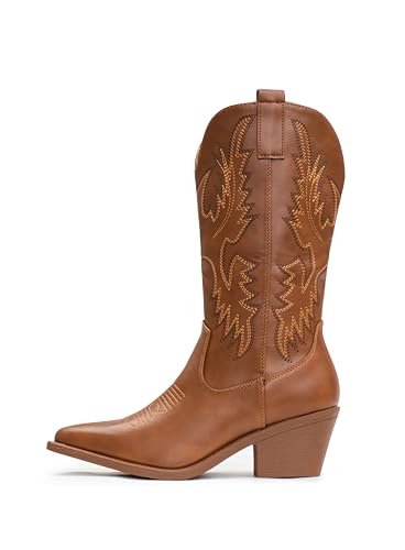IUV Cowboy Boots for Women Western Cowgirl Pull On Pointy Toe Mid Calf Y4890