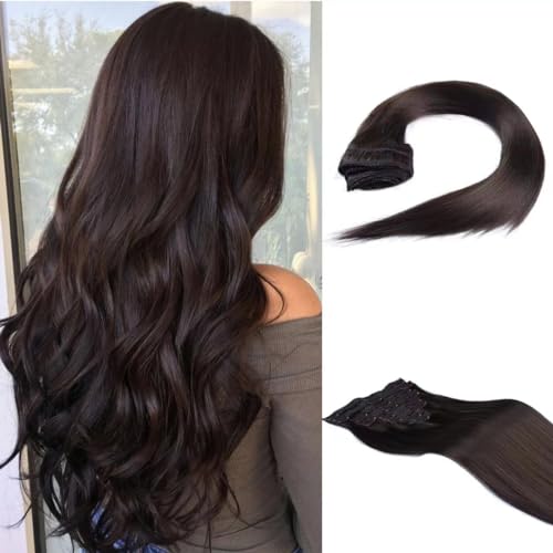 Clip in Hair Extensions Real Human Hair, 18 Inch 120g 8pcs, Dark Brown Hair Extensions, Clip In Real Hair Coloured Remy Human Hair Extensions, Natural Human Hair
