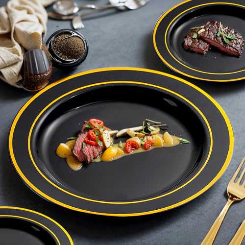 bUCLA 300PCS Gold Disposable Dinnerware Set - White and Gold Plastic Plates for Party S185