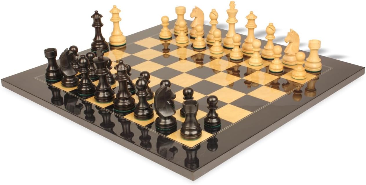 German Knight Staunton Chess Set Ebonized & Boxwood Pieces with Black & Ash Burl Chess Board - 3.75" King