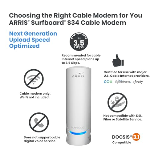 ARRIS Surfboard S34 DOCSIS 3.1 Multi-Gigabit Cable Modem, 2.5 Gbps Max Speed M5121