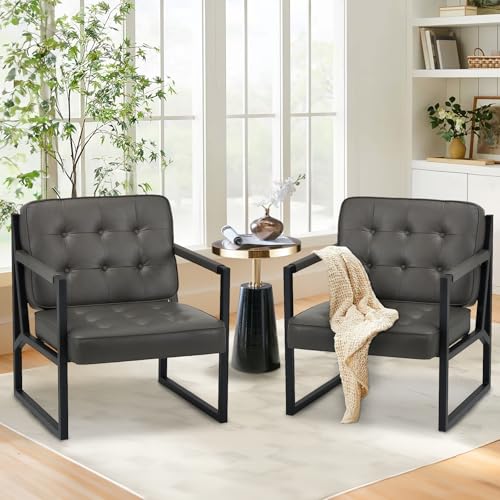 COLAMY Mid Century Modern Accent Chair Set of 2, Faux Leather, Black S4169