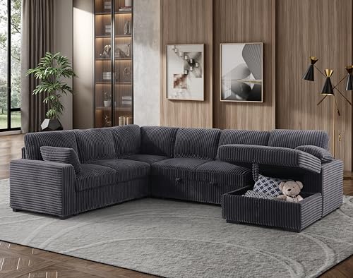 L-Shaped Pull Out Sleep Sofabed with Storage Chaise, Chenille Upholstered X30892