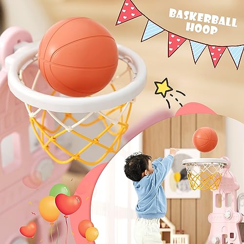 67i Toddler Swing and Slide Set 5 in 1 Indoor Playset with Basketball Frame (Pink) J1947