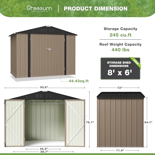 Greesum Outdoor Storage Shed 6 x 8 ft Metal Garden Utility Tool Shed with Lock, Brown U409