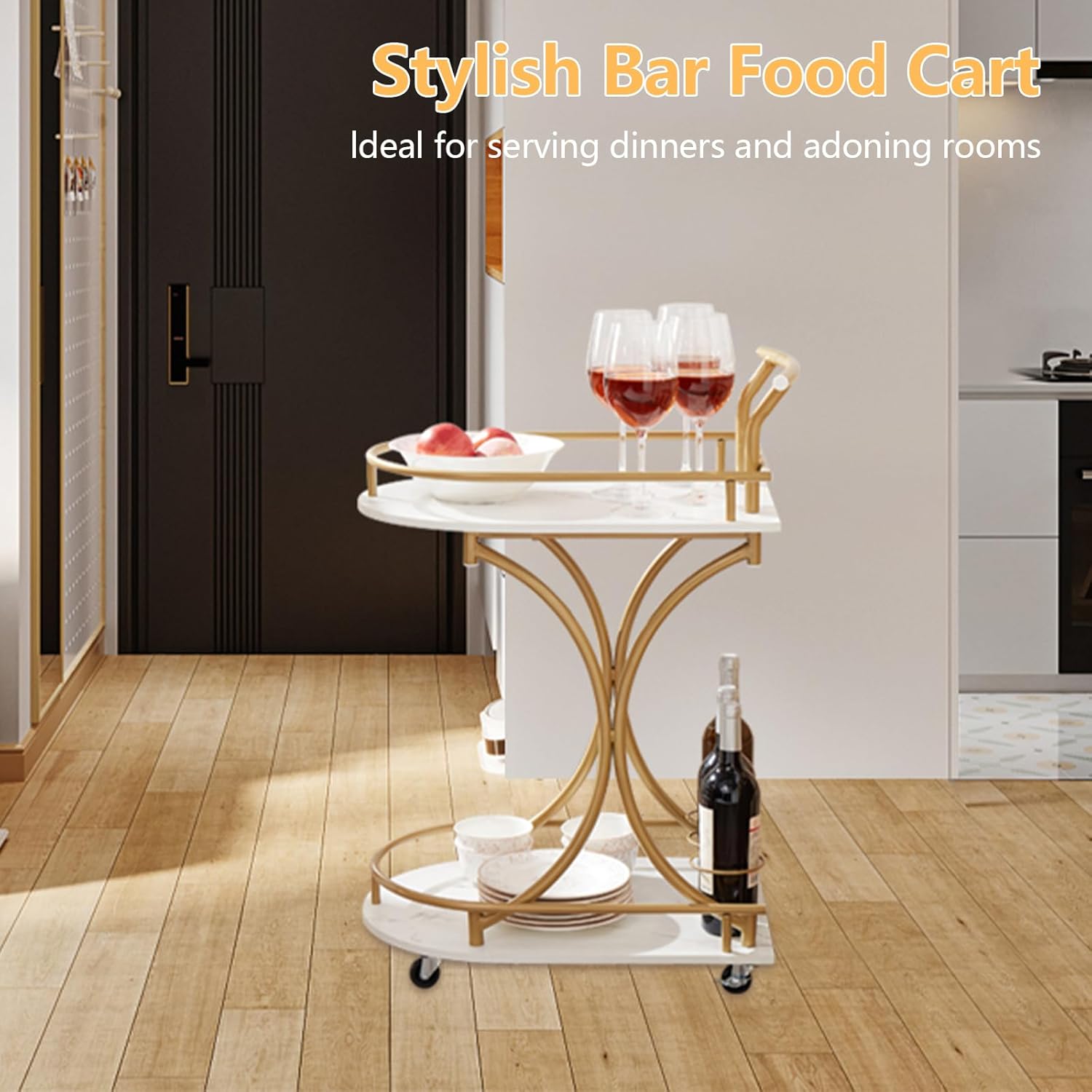 2-Tier Rolling Bar Cart with Wine Rack and Glass Holder, Gold K4336