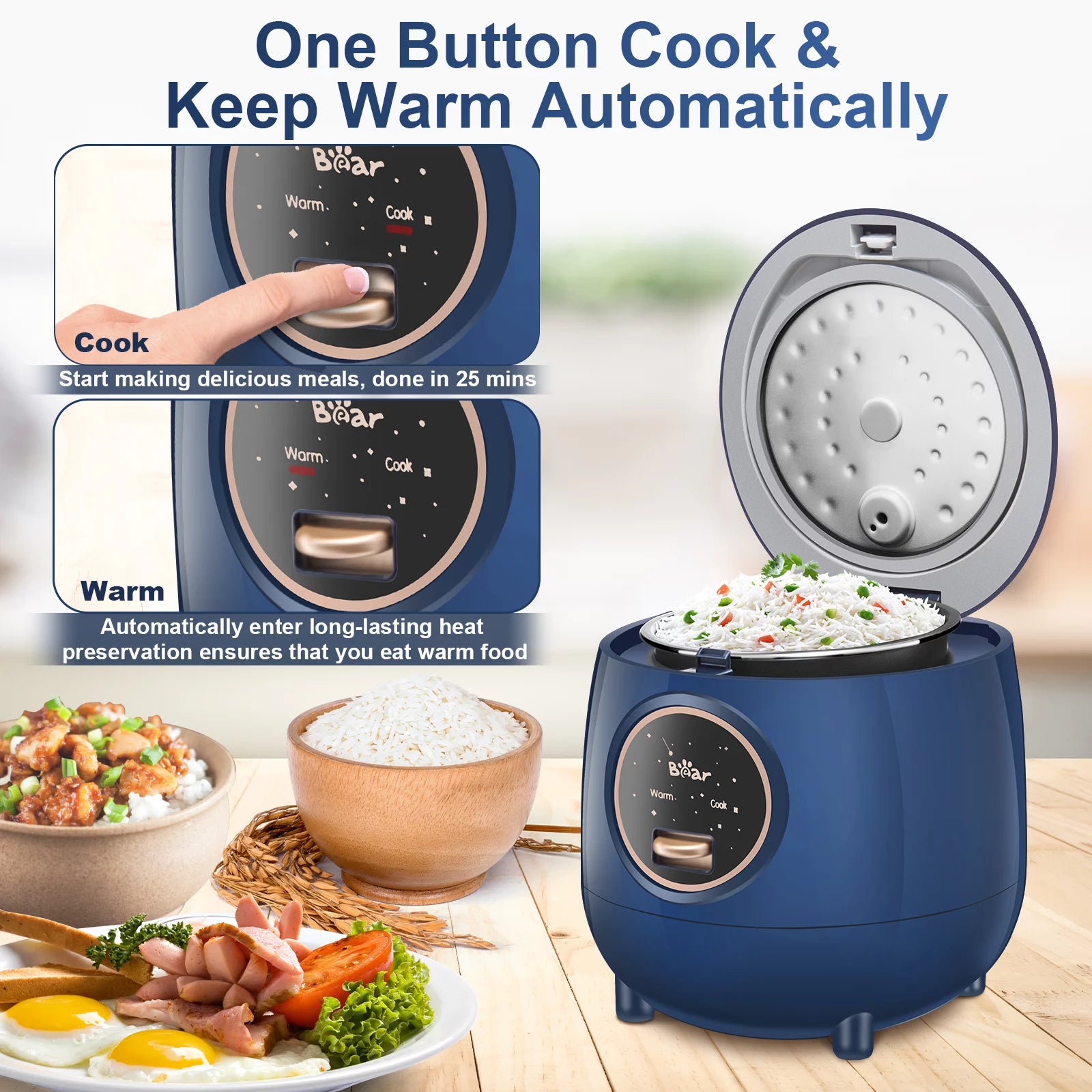 BEAR Rice Cooker 2 Cups Uncooked, Removable Nonstick Pot, One Touch Keep Warm, Blue A383