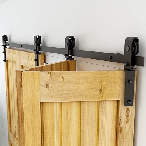 14FT Bi-Folding Sliding Barn Door Hardware Kit for 4 Doors,Slide Smoothly Quietly,Black Track J Shape Roller,No Door