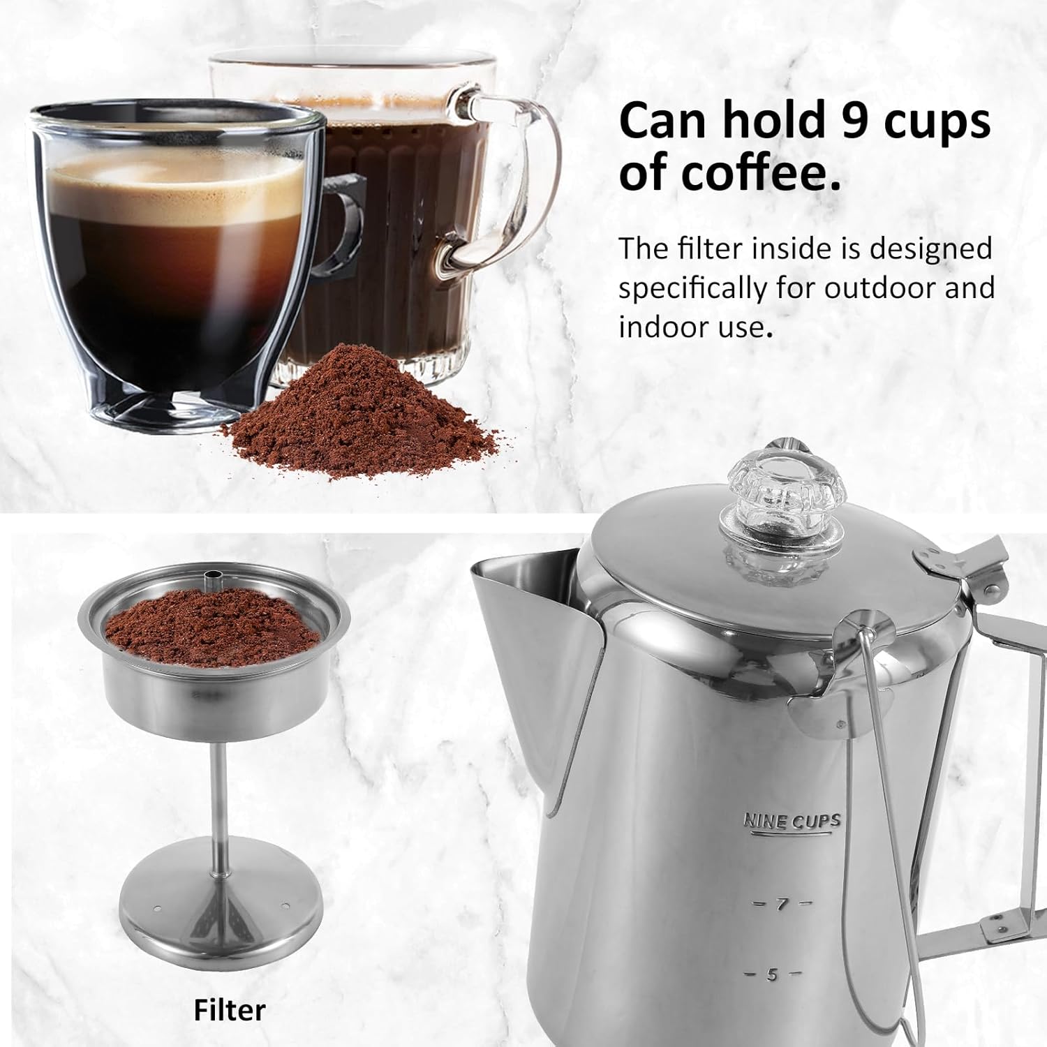 Stainless Steel Camping Coffee Pot Percolator, 9 Cups, Outdoor C108